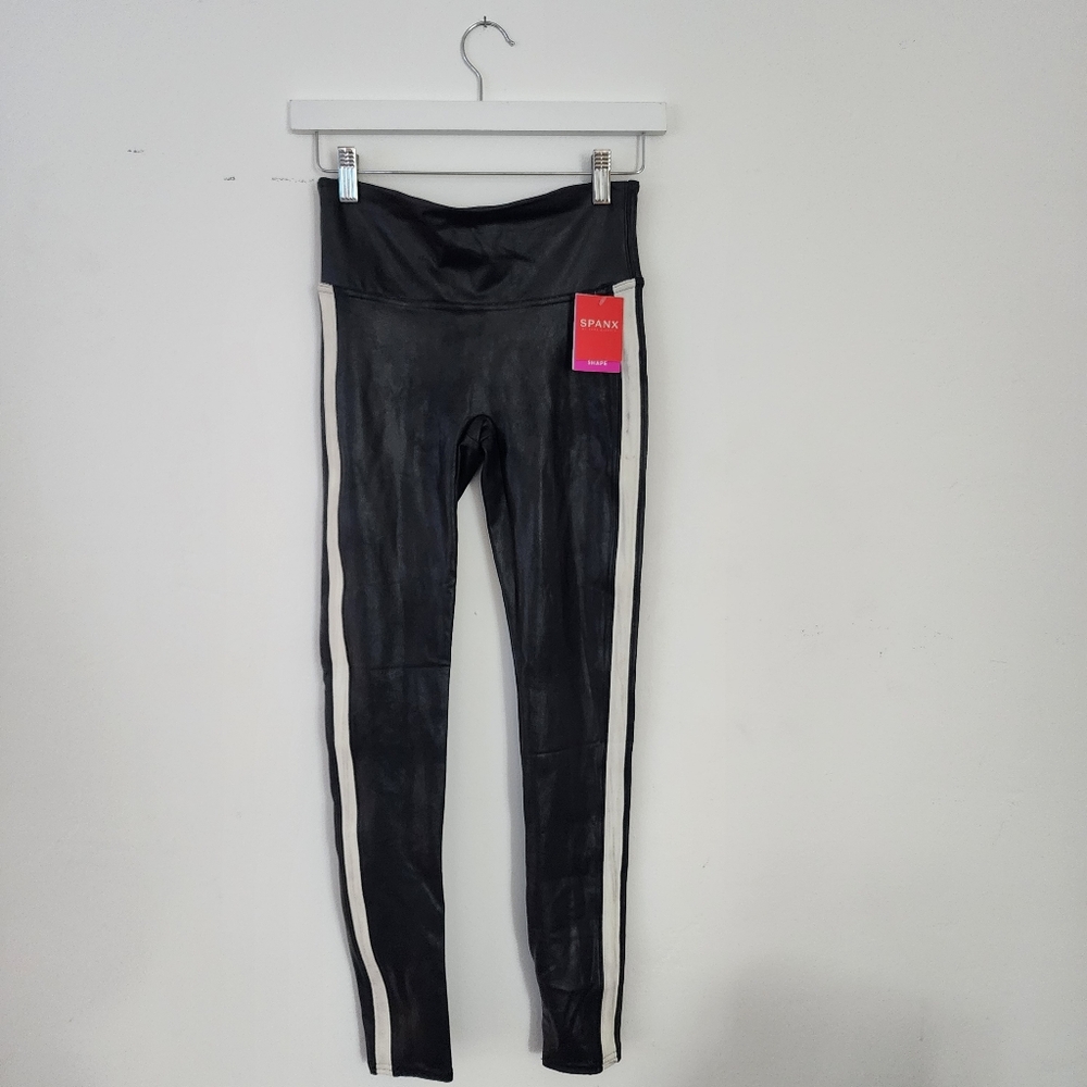 Spanx | Faux Leather Leggings with White Stripe - Picture 2 of 8